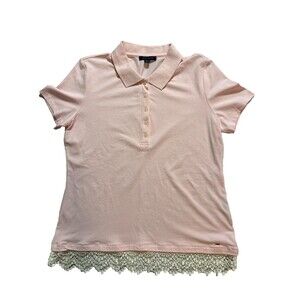 Tommy Hilfiger Casual Pink Henley Top Lace Trim Womens SZ LG Preppy